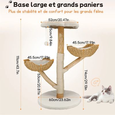 Arbre à chat en bois à base large avec 2 paniers en rotin
