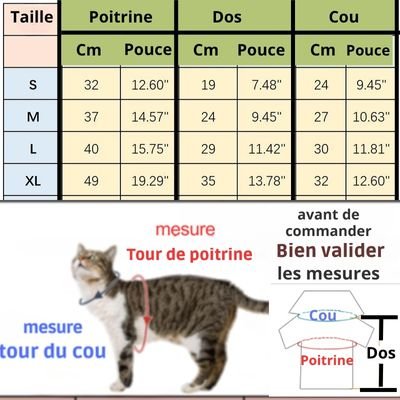 Déguisement pour chat pull polaire tableau des tailles