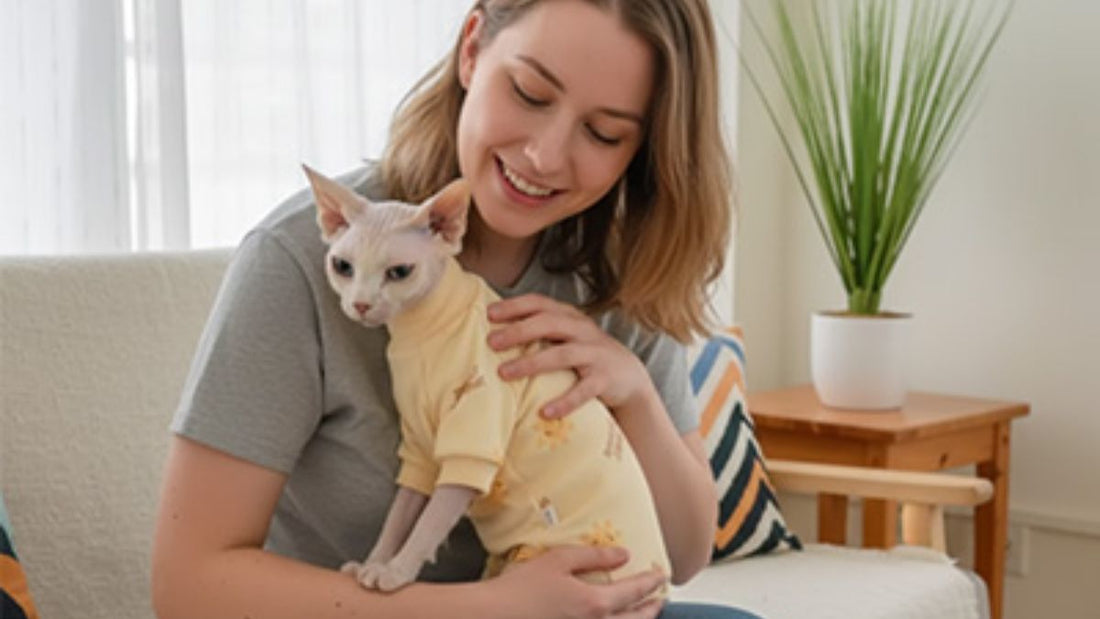 Chat allergique au poulet portant un body chat pour éviter léchage excessif