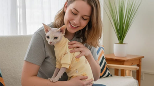 Chat allergique au poulet portant un body chat pour éviter léchage excessif