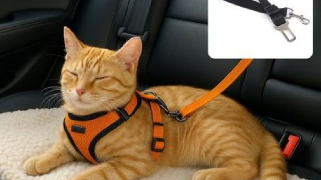 Chat couché sur banquette arrière d'une voiture attaché à l'aide un harnais