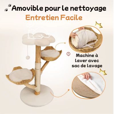 Arbre à chat en bois moderne avec paniers en rotin coussins amovibles