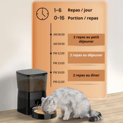 Distributeur de croquettes pour chat noir programmable en quantité avec 6 repas par jour