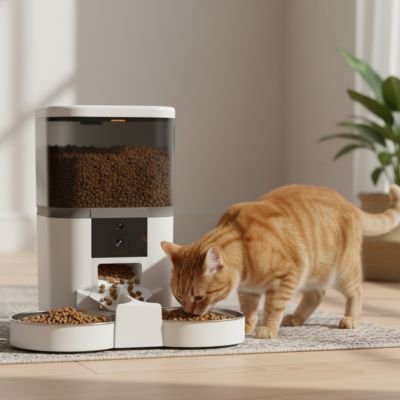 Distributeur de croquettes pour chat automatique double bol blanc
