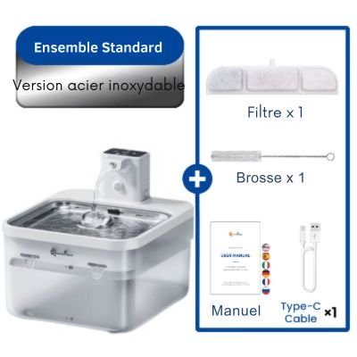 Fontaine a eau chat blanche avec plateau en inox et manuel instruction inclu