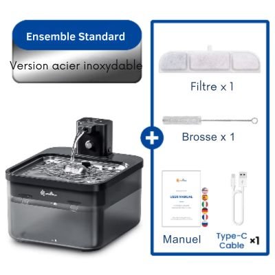 Fontaine a eau chat noire avec plateau en inox manuel inclu