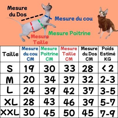 Pull pour chat col roulé confortable tableau des tailles et des mesures